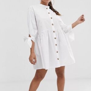 ASOS DESIGN grandad collar button through mini smock dress with tie sleeve